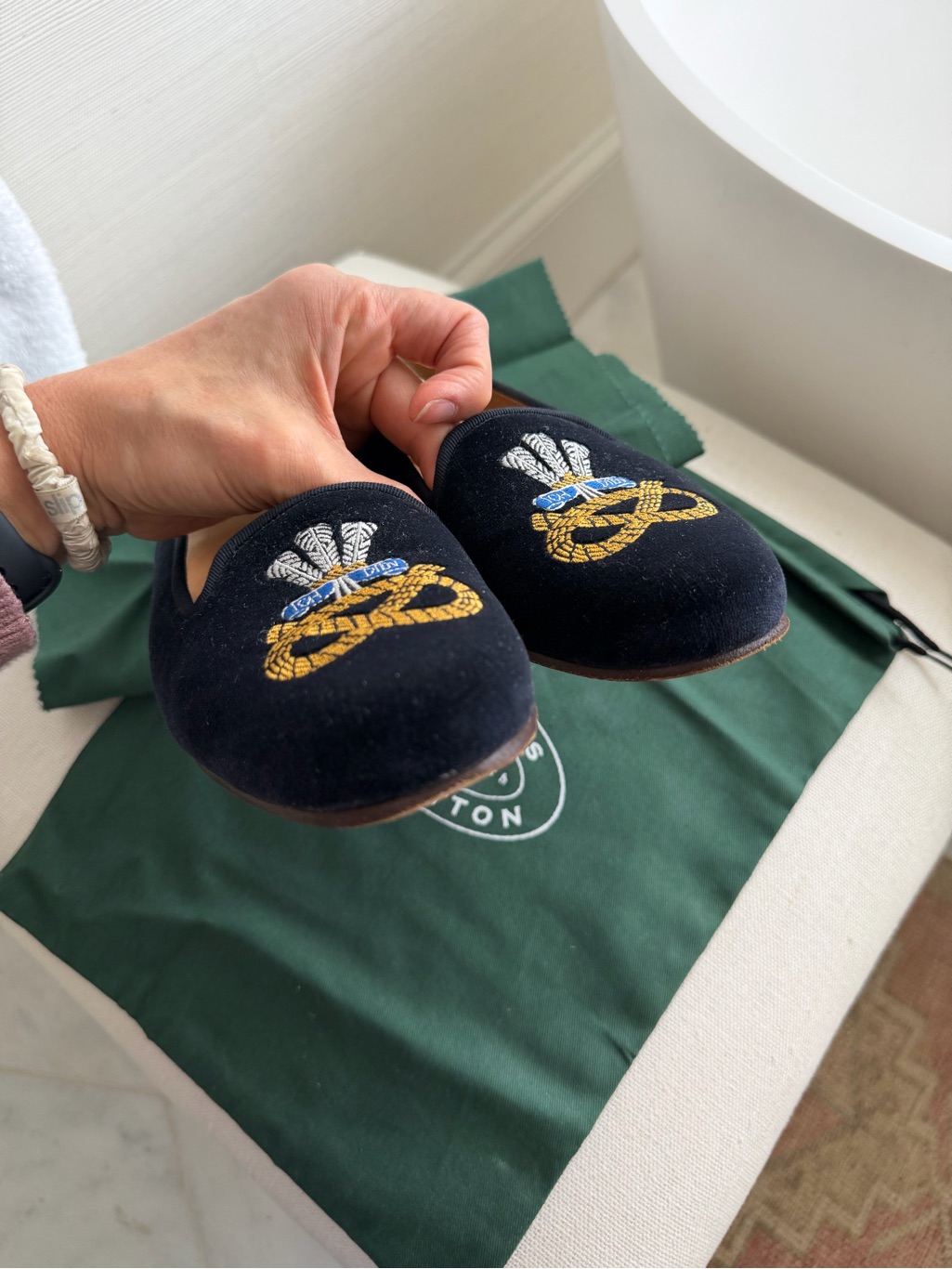 Stubbs & Wootton Navy Velvet Embroidered Loafers — image 4 of 8